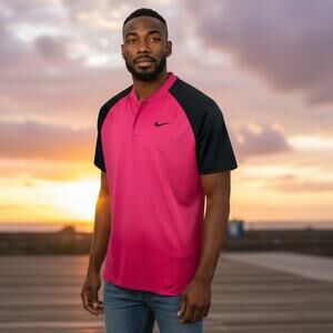 Nike Logo Dri-FIT Henley Polo Shirt Pink Black Short Sleeve Men’s Large L